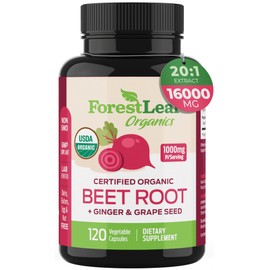 ForestLeaf Organic Beet Root Capsules - Beetroot Supplement 16000mg Strength 20:1 Extract Pills w/Ginger Grape Seed | Support Blood Pressure, Nitric Oxide, Flow, Circulation | Beets Powder - 120 Caps