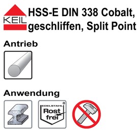 Keil Metal Drill Bit Set HSS-E DIN 338 Cobalt, Ground Split Point, Diameter 4.0 + 5.0 + 6.0 + 8.0 + 10.0 mm, 307501110