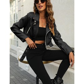 Bellivera Women's Leather Jacket Faux Motorcycle Biker Short Coat Belt Crop 2236 Black XL