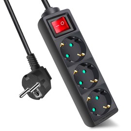 EXTRASTAR 1 x Black 3 Way Power Strip with Switch Cable 1.5m for Home, Office and Travel Max 3680W 16A 250V