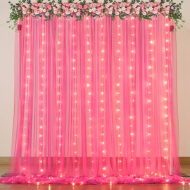Hot Pink Tulle Backdrop Curtain with Lights for Parties 10x10ft Fuchsia Sheer Backdrop Curtains for Weddings Birthday Baby Shower Photo Shoot Background Decorations