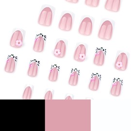 White French Tip Press on Nails Medium Square Fake Nails with Flower Designs Nude Pink False Nails Cute Cartoon Acrylic Nails Spring Summer Flowers Artificial Nails for Women Girls Manicure 24Pcs