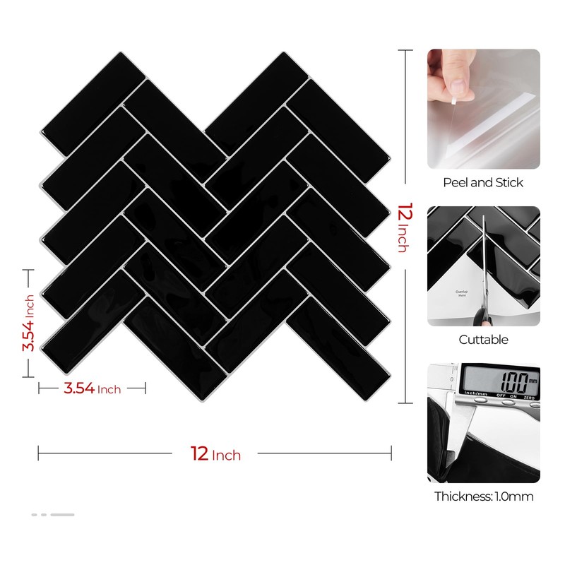 Livelynine 32-Tiles Renter Friendly Black Peel and Stick Backsplash Herringbone