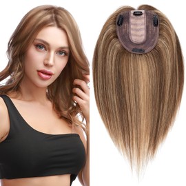 S-noilite 8 Inch 100% Human Hair Toppers Clip in Real Hair Topper for Thinning Hair Women uk Hair Piece Clip in Toupee 31g（#4/27 Medium Brown and Dark Blonde）
