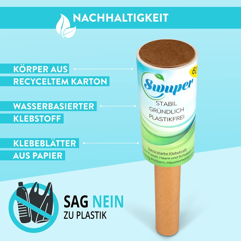 Swuper Lint Roller, Plastic-Free, Sturdy, Extra Strong, 4 x 60