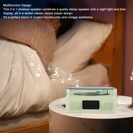 3 in 1 BT Speaker, Multifunction Small Stereo Cordless Speaker with Night Light and Time Display, Record Player Style, Radio, Sound White Noise Machine (Green)