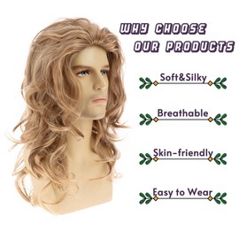 Mens Blonde Long Wavy Wig Middle Part Synthetic Hair Wig for Daily Party Costumes