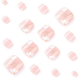24 Pcs White French Press On Toenails Short,LINMEIZAI Summer Pink Toe Nails Press Ons for Women Press On Toe Nail Tip with Tool Fake Nails Full Cover False Toenails with Flowers French Glitter Design