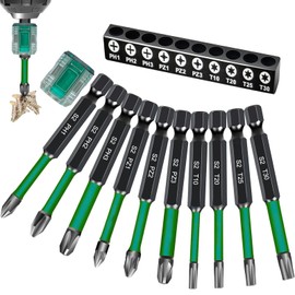 BAKESHU 70 mm Long Screwdriver Bit Set, Ph1 Ph2 Ph3 Pz1 Pz2 Pz3 T10 T20 T25 T30 Magnetic Head Bit Set with a Magnetizer, 1/4 Inch Hex Shank