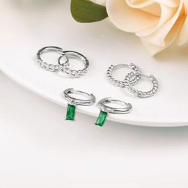 6 Pairs White Gold Plated Hoop Earrings Set 925 Sterling Silver Post Hypoallergenic Earring Twisted, CZ, Opal, Dangle Chain Huggie Earrings for Women