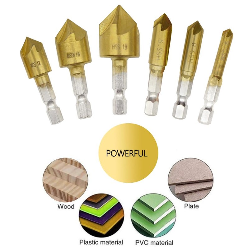 Hocansen 6 Piece Hex Countersink Drill Bit Set 5 Flutes