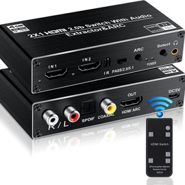 HDMI Switch Audio Extractor, HDMI Switch Splitter, 2 inputs, 1 Output with Remote 4K@60hz, 2-Port HDMI2.0b Switch Box with Optical Toslink SPDIF+coaxial+Analog RCA Stereo Audio Output