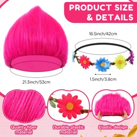 Hot Pink Wig with Floral Crown, Adult Crazy Hair Day Accessories Funny Pink Hat for Halloween Costume Cosplay Headwear