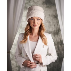 Futrzane Sherpa Trim Hat - Winter Hats for Women - Suede Hat with Sherpa Fleece (L, White - White Sherpa)