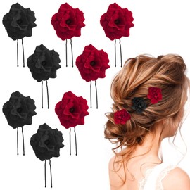Rose Flower Hair Clips U Shape Rose Floral Bobby Pins Bridal Hair Pin Bridesmaids Head Hairpin Women Hair Accessories for Bridal Wedding Party (Red+Black, 8pc)