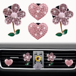 Bling Pink Daisy Car Air Fresheners with 4 Heart Vents Clips for Women's Carr deco + Mask Hook