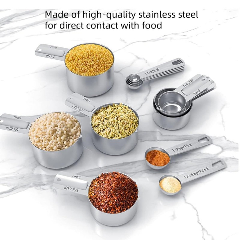 7x Stainless Steel Measuring Cups with 6x Measure Spoons Set,4x