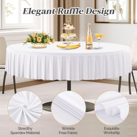 1 Pack White Spandex Round Tablecloths for 60 inch Table, Stretchy Fitted 5FT Round Table Cloths,Wrinkle Free Table Cover with Skirt for Wedding Party Dining Banquet