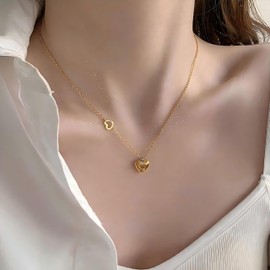 WARIDAR 18K Gold Plated Double Elegant Heart Necklace | Dainty Hypoallergenic Chain Necklace | INS Love Pendant Necklace for Women Gift