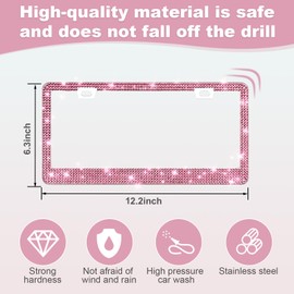 QUANQIUFEI 2 Pack Bling License Plate Frames for Women, Sparkly Rhinestone Diamond Car Accessories with Glitter Crystal Caps (Dark Pink)