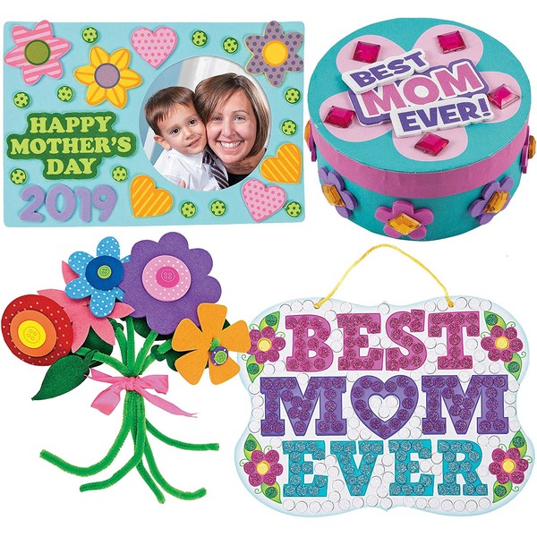 Mothers Day Craft Kit | Mum Picture Photo Frame, Self-Adhesive Flower Bouquet, Bike Magnet, Mom Glitter Mosaic Sign & Jewelry Box Craft | Kids DIY Classroom Daycare Homeschool Art Gift Toys Boys Girls