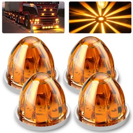 Aila 4Pcs Amber Watermelon LED Marker Lights for Truck, Dual Function Strobe + Steady Modes, 12V-24V Waterproof Cab Clearance Lights with Chrome Bezel for Truck Trailer Semi RV Bus Van