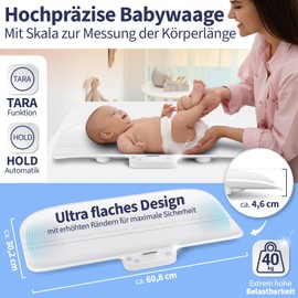 GRUNDIG Baby Scales with Body Length Measurement - High Precision Baby Scales with Automatic Hold for Accurate Results in Romper Mice - Digital Scale with Tare Function - Maximum Load 40 kg