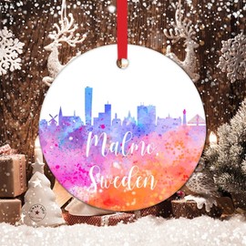 Sweden Malmo Skyline Christmas Ornament 2022 Sweden Malmo Watercolor Art Christmas Ornament for Kids Colorful City Landscape Christmas Stocking Filling Ceramic Ornament