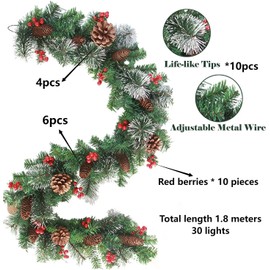 1.8M Christmas Garland Decoration ，Realistic Christmas Garlands for Stairs Fireplaces Artificial Wreath Garland with Cones Berries for Xmas Tree Garden Yard Décor