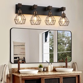 Farmhouse Bathroom Vanity Light Fixtures, 4-Light Black Gold Bathroom Light Fixtures Over Mirror, Rustic Wood Sconces Wall Lighting with Elegant Metal Lampshade for Living Room, Bedroom, Hallway