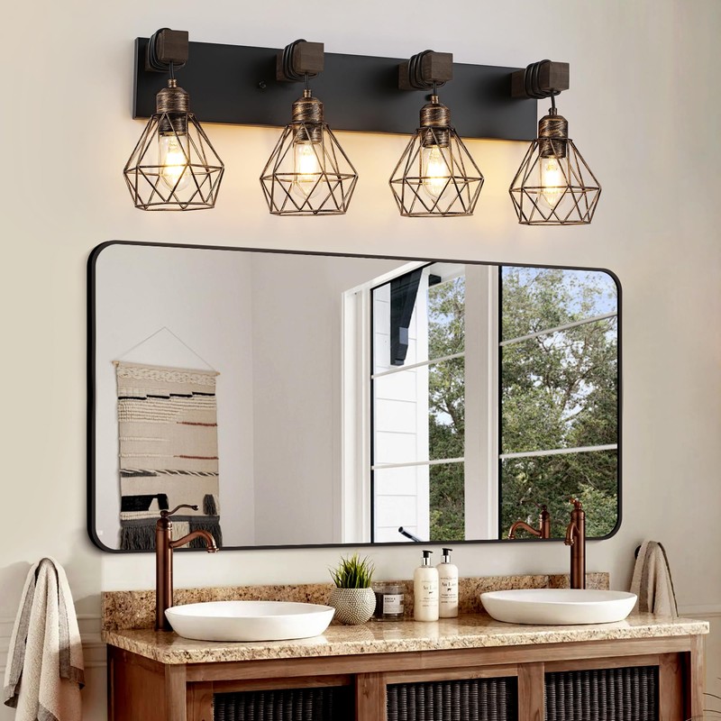 Farmhouse Bathroom Vanity Light Fixtures, 4-Light Black Gold Bathroom Light