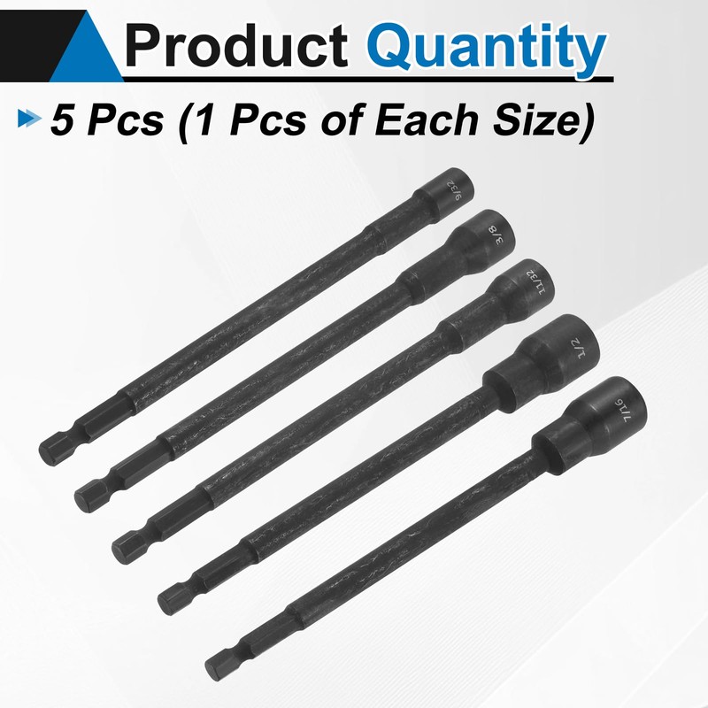 HARFINGTON 5pcs Nut Driver Drill Bit Set 3/8,7/16,9/32,11/32,1/2 Inch Socket