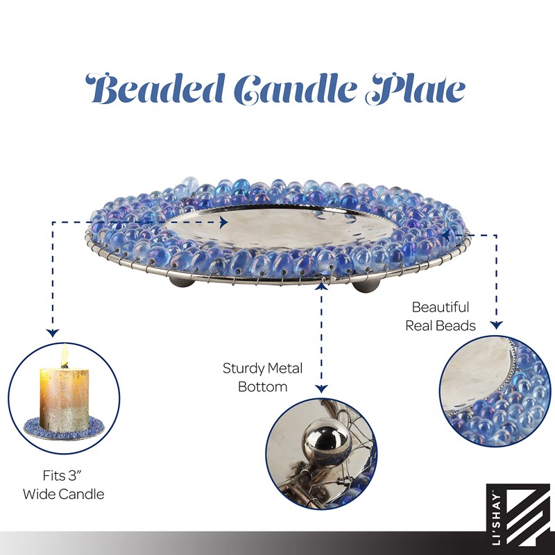 Blue Beaded Candle Stand - Set of 3