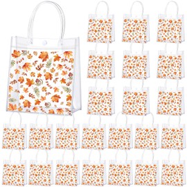 Gersoniel 24 Pcs Fall Thanksgiving Clear Gift Bags with Handle 7.87" x 7.87" x 3.15" Reusable Transparent Baby Shower Favor Autumn Goodie Treat Bag for Thanksgiving Harvest Holiday Party(Maple Leaf)