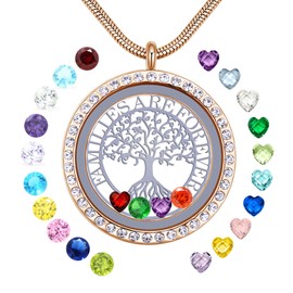 GOKING 18K Gold Plated Familes Are Forever Pendant Birthstones Necklace, Family Tree of Life Floating Locket,30mm Round Stainless Steel Diy Charms Living Memory, Gift for Women