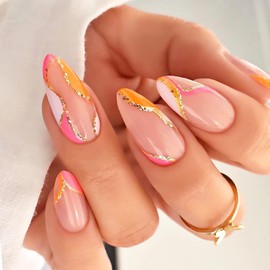 French Tip Orange Press on Nails Almond Shape Fake Nails Medium French Tip False Nails with Gold Line Design Glossy Artificial Nails Glue on Nails Medium Length Glitter Stick on Nails for Women 24Pcs