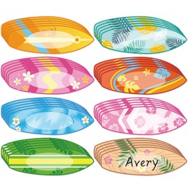 FYSUIMU 160Pcs Back to School Surfboard Name Tags Classroom Student Desk Label Stickers Summer Hawaiian Beach Nameplates Colorful Bulletin Board Decor for School Classroom Office Desk Wall