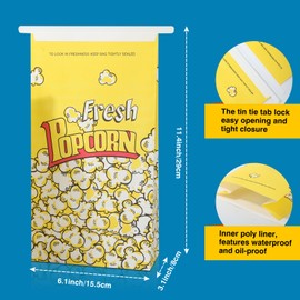 Bakbania 100 Pack Popcorn Bags 11.4x6.1x3.1 Inch Paper Popcorn Food Bakery Tin Tie Tab Lock Cookie Bags for Popcorn Machine Supplies