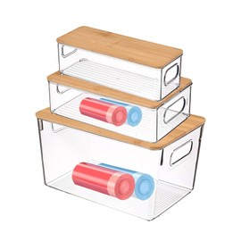 Xbanya Trash Bag Dispenser，3Pcs Acrylic Garbage Bag Holder Dispenser Storage with Bamboo Lid and Handles for Kitchen and Under Sink
