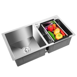 Kitchen Sink, 30.7 * 17 * 8.2In Drop In/Undermount Double Bowl Stainless Steel Kitchen Sink Composite 2 Bowl Embedded Sinks with Drain Basket&Pipes for Cleaning Food, Fruits, Vegetables