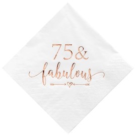 Crisky Servilletas de cóctel de 75 y fabulosas color oro rosa para mujer, decoraciones de cumpleaños 75, suministros de mesa de postre Bevergae para cumpleaños 75, 50 unidades, 3 capas