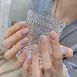 Vezocim Press on Nails Short Square 24Pcs Glitter Press on Nails Coffin with Rainbow Designs Glossy Full Cover Acrylic Short False Nails Glue Fingernails Artificial Fake Nails for Women Girls