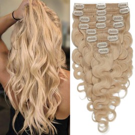 S-noilite Clip in Human Hair Extensions Thick True Double Weft Curly Wavy Clip in Blonde Hair Wave 100% Real Human Hair Curly Full Head 8 Pieces 18 Clips (18 Inch - 140g,Bleach Blonde (#613))