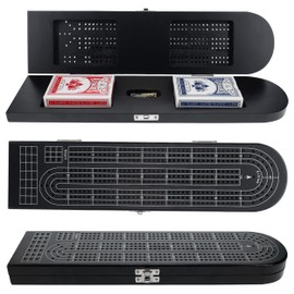Pacific Shore Games Wooden Cribbage Board Game Set, Black Stained Continuous 3 Track for 2-3 Players with Card Storage