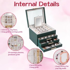 ASINGYER Jewelry Box with Glass Lids,4 Layer Large Jewelry Boxes for Women, Jewelry Holder Organizer for Necklace, Bracelet, Earrings,Storage Gifts for Women (4 layer dark green)