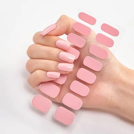 HYWWPFLAY Semi Cured Gel Nail Strips (Pink), 16 PCS Gel Nail Stickers Need UV Light, Long Lasting, Easy to Use & Remove Salon-Quality Manicure Nail Wraps for Women