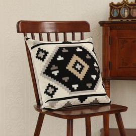 IKATYARN Pack of 2 Black White Gray Brown Southwestern Embroidery Throw Pillow Cover, Boho Tribal Geometric Pillowcase, Modern Farmhouse Aztec Cushion Case for Couch Sofa Bed, 18"x18"