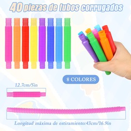 WADAYEY 40 Piezas Mini Tubos Sensoriales Pop, Juguetes Anti-Estrés para Niños TDAH y Adultos | Kit 8 Colores | Estirable 47cm | Ideal para Aula, Terapia, Fiestas y Regalos