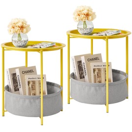 VECELO Round Side/End Table with Fabric Storage Basket，Metal Anti-Rust and Waterproof Small Bedside Nightstand with Removable Tray Top for Living Room，Balcony & Laundry，Yellow /2pcs with Basket
