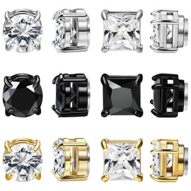 NEWITIN 6 Pairs Stainless Steel Magnetic Stud Earrings for Men Clip on Earring Magnetic Earring Unisex Non Piercing CZ Magnet Studs Diamond Earrings for Women Men